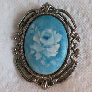 Vintage blue rose pendant. Ceramic or Porcelain and metal